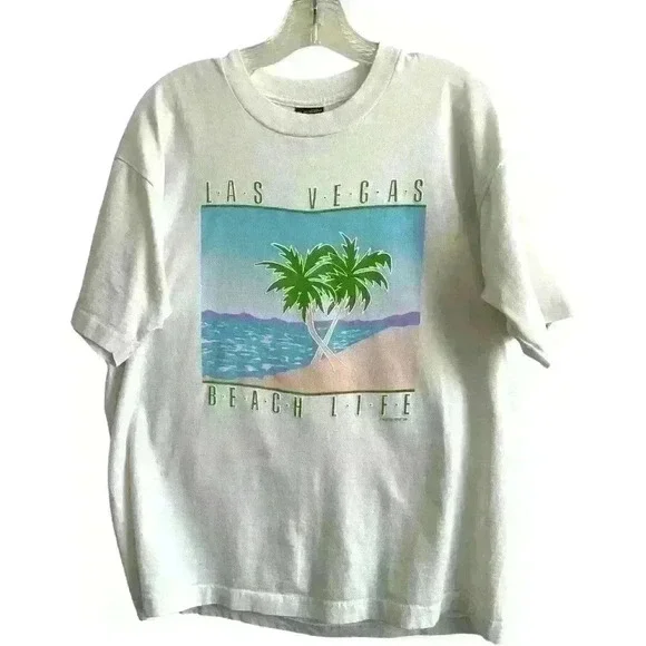 Vintage 1989 White Las Vegas Beach Life Palm Trees Graphic Single Stitch USA XL - Picture 2 of 11